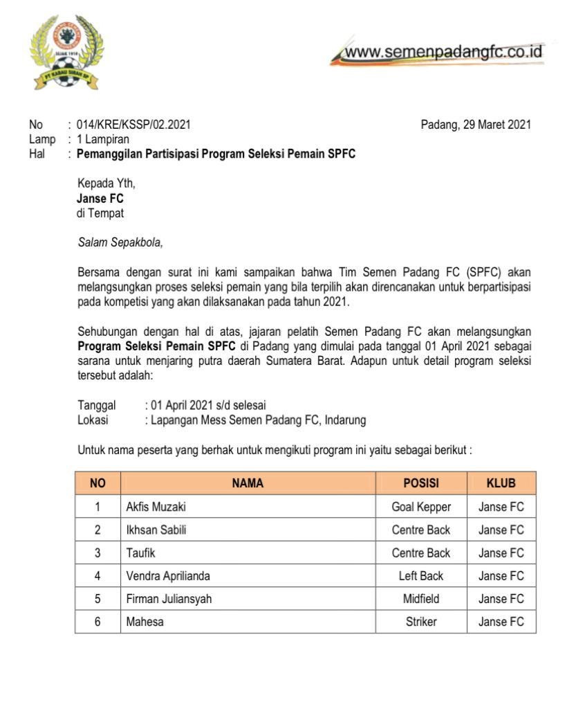 Empat Pemain PPLP yang Memperkuat Janse FC Dipanggil Semen Padang FC