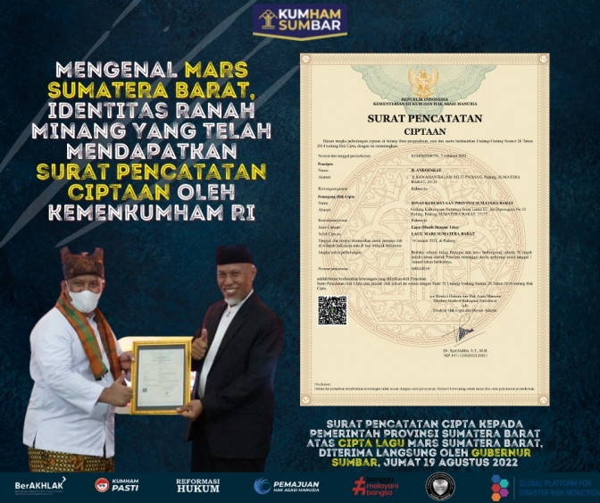 Kanwil Kemenkumham Sumbar Catatkan Hak Cipta Lagu Mars Sumatera Barat 