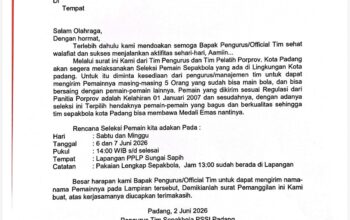 Cari Pemain Berkualitas, 6-7 Juni Sepakbola Porprov Padang Gelar Seleksi