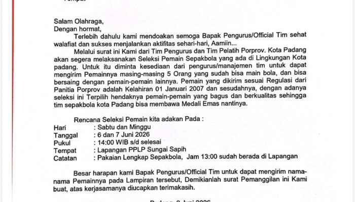 Cari Pemain Berkualitas, 6-7 Juni Sepakbola Porprov Padang Gelar Seleksi